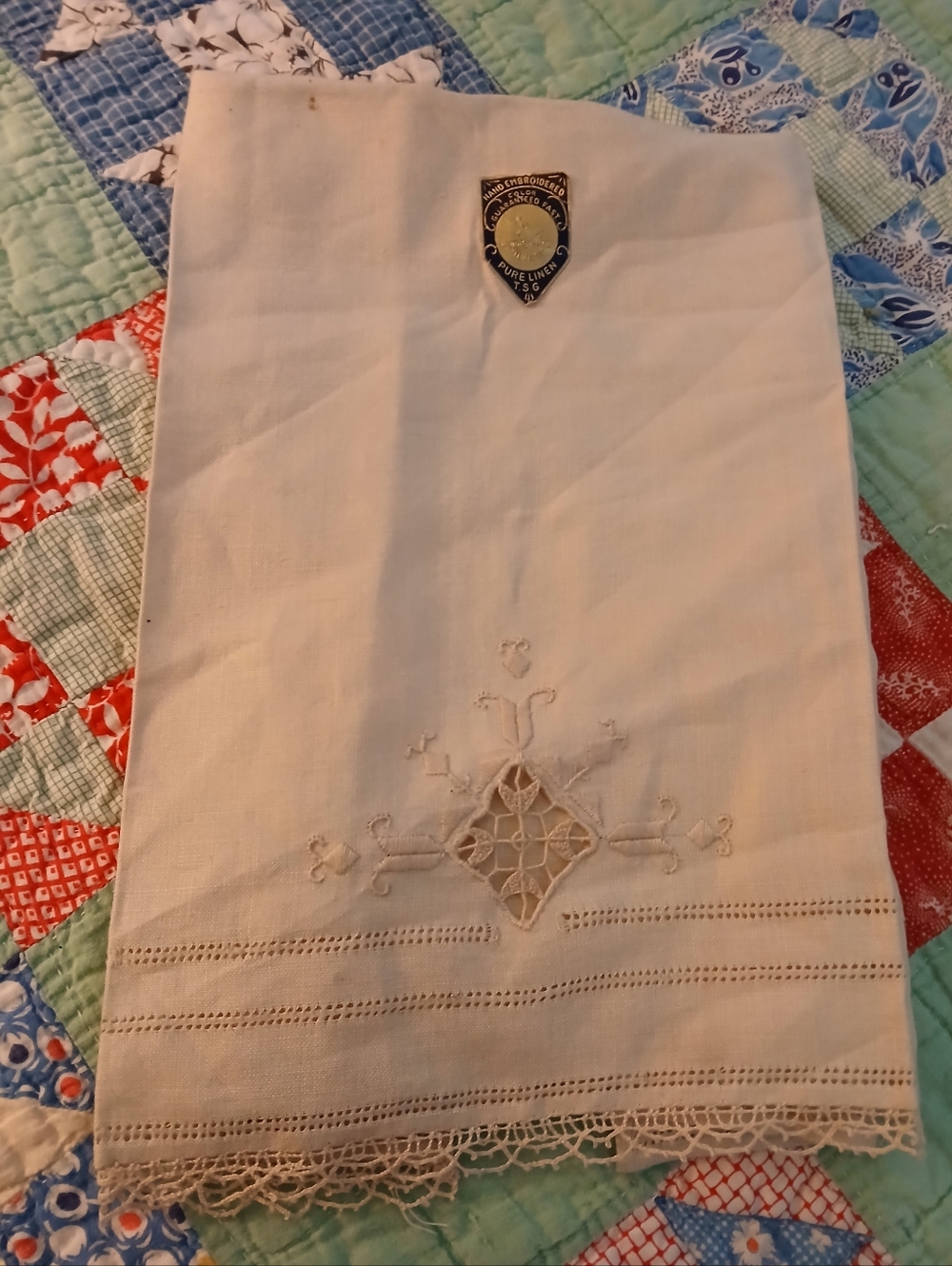 VINTAGE Pure LINEN HAND EMBROIDERED HAND TOWEL NOS